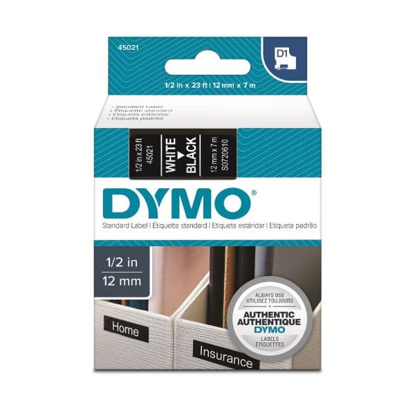 Dymo DYMO Genuine D1 Label Cassette Tape 12mm x 7M, White on Black S0720610