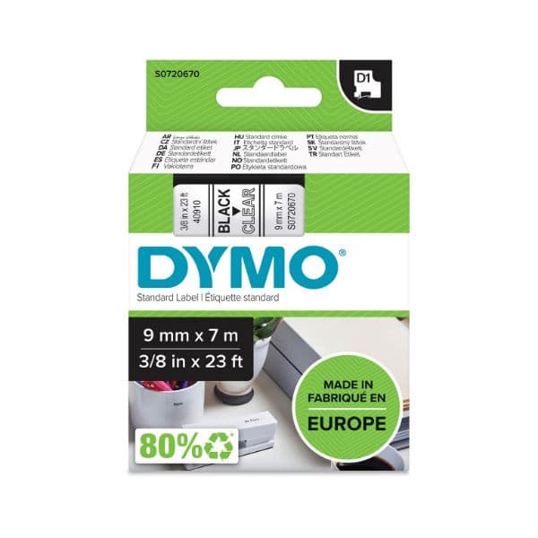 Dymo DYMO Genuine D1 Label Cassette Tape 9mm x 7M, Black on Clear S0720670