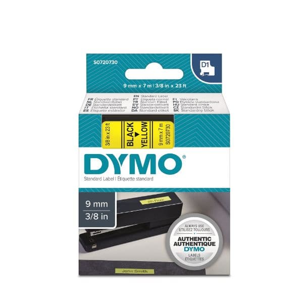 Dymo DYMO Genuine D1 Label Cassette Tape 9mm x 7M,  Black on Yellow S0720730
