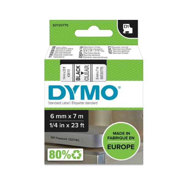 Dymo DYMO Genuine D1 Label Cassette Tape 6mm x 7M, Black on Clear S0720770