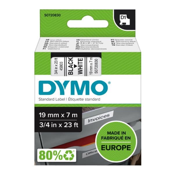 Dymo DYMO Genuine D1 Label Cassette Tape 19mm x 7M, Black on White S0720830