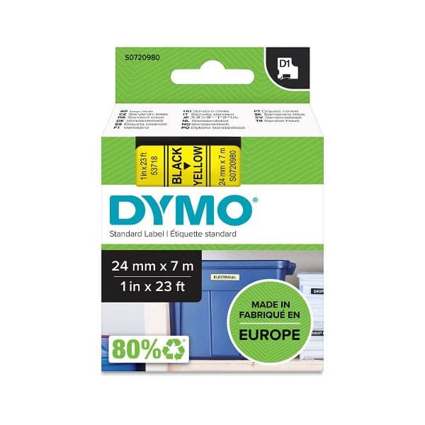 Dymo DYMO Genuine D1 Label Cassette Tape 24mm x 7M, Black on Yellow S0720980