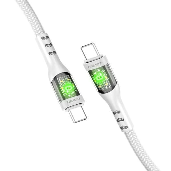PROMATE 1.2m USB-C To USB-C Cable W/ Transparent Connectors & LED Supports 60W PD. White TRANSLINE-CC-WHT