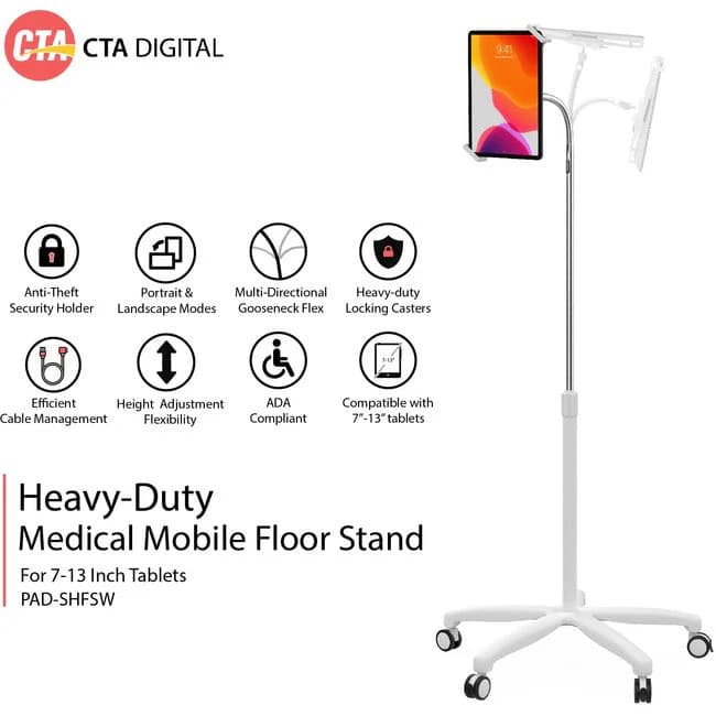 CTA Digital Heavy-Duty Medical Mobile Floor Stand for 7""- 13"" Tablets - White 388612