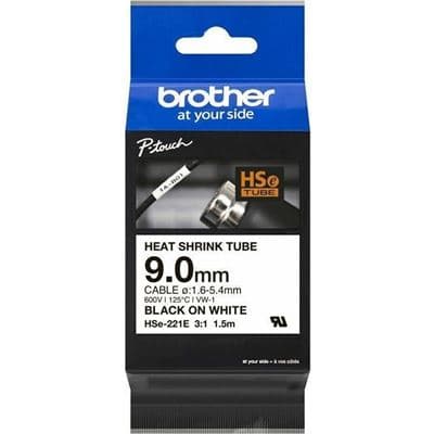 Brother Brother HSe-221E 9.0mm x 1.5m Black on White Heat Shrink Tape HSE221E