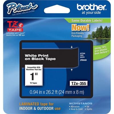 Brother Brother TZe-355 24mm x 8m White on Black Tape TZE355