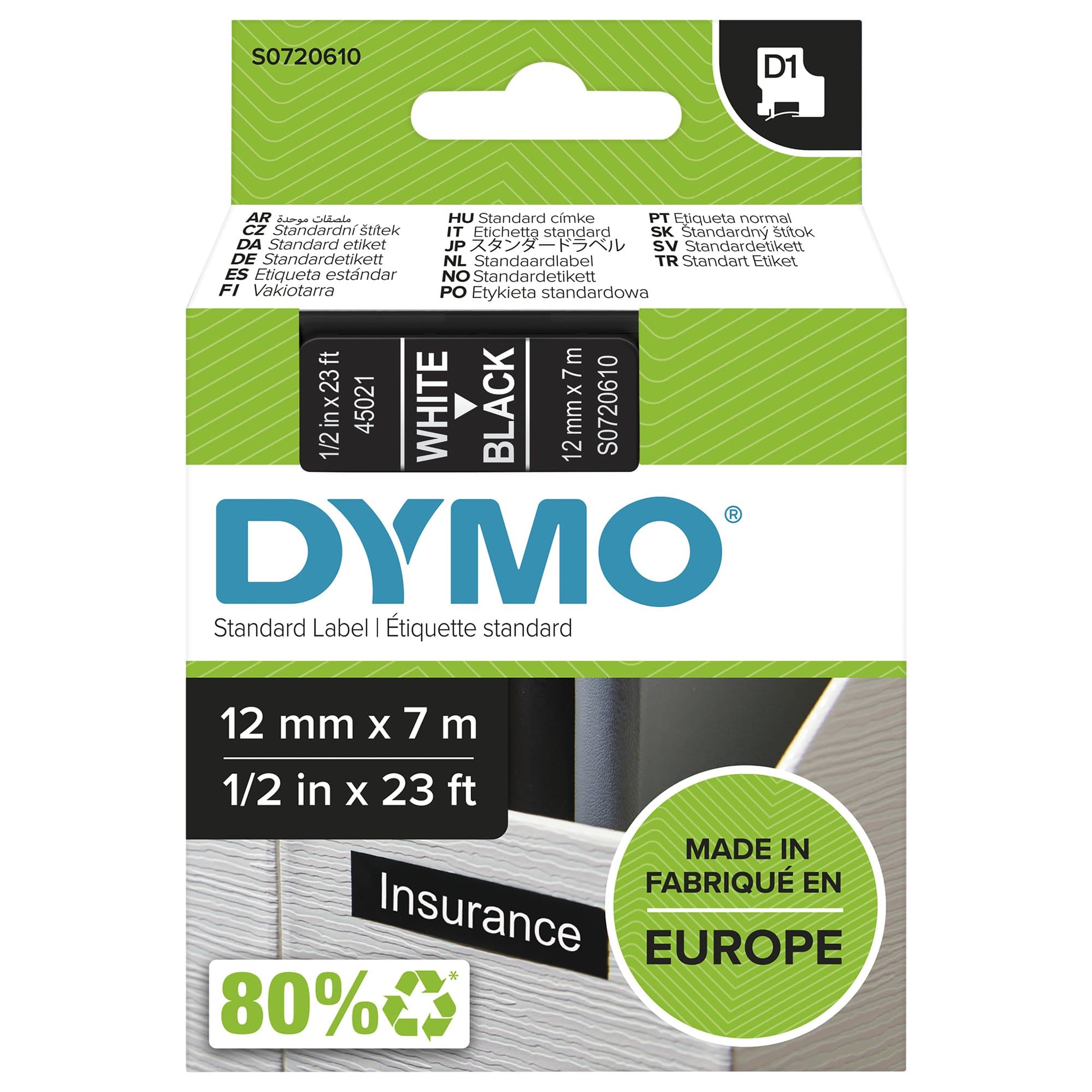 Dymo Dymo Wht on Blk 12mmx7m Tape DYS0720610