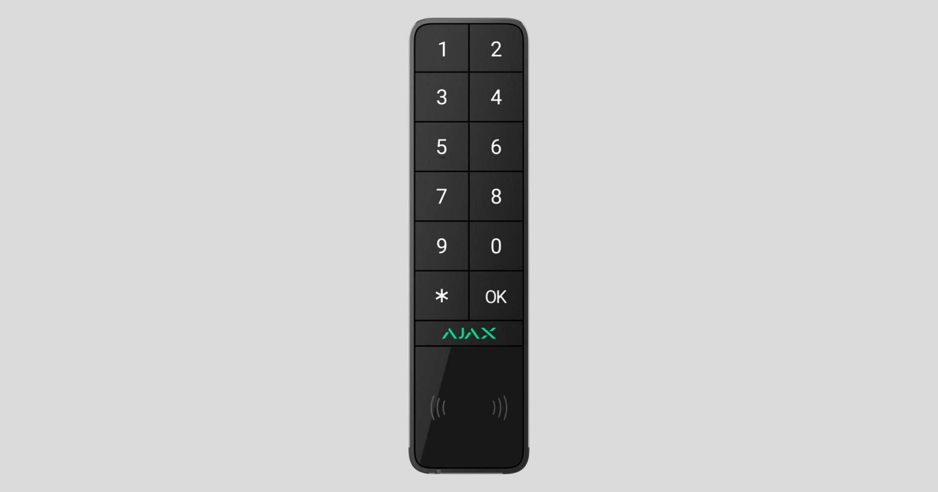 Wireless keypad supporting authentication via Pass Tag smartphones and codes. For outdoor and indoor use. Black — Ajax — Keypads